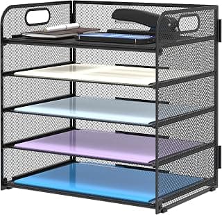Supeasy 5 Trays Paper Organizer Letter Tray with Handle-Mesh Desk File Holders, Paper Sorter Desk Organizer for Office, Home, Classroom or School