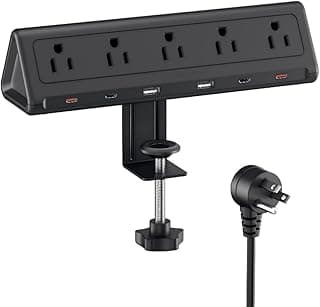 6.5 FT Desk Clamp Power Strip with 5 AC Outlets & 6 USB Ports PD 40W USB-C Fast Charging, Extension Cord with Multiple Outlets, Fits 2.1 in top Edge Black