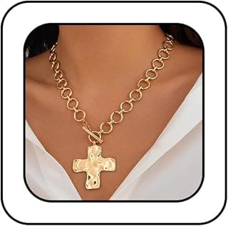 Chunky Necklace Chunky Cross Necklace for Women Big Cross Statement Necklaces Trendy Toggle Necklaces Hammered Bold Vintage Jewelry
