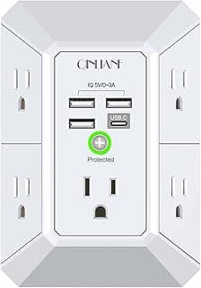 Wall Charger, Surge Protector, QINLIANF 5 Outlet Extender with 4 USB Charging Ports, 3-Sided 1680J Power Strip Multi Plug Adapter Spaced for Home Travel Office