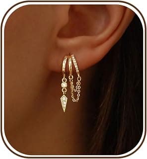 Dangle Earrings for Women,14k Gold Plated Triple Huggie Stud Earrings Cute Statement Chain Earring Dainty Drop Earrings for Women Trendy Gold Plated Jewelry