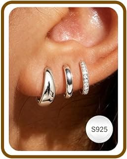 Jewelry for Her Gift 3 Pairs 925 Sterling Silver Earrings for Women Non Tarnish 14K Gold Plated Small Hypoallergenic Huggie Hoops Cartilage Stack Earring Sets for Multiple Piercing