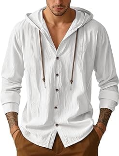 Mens Cotton Linen Button Down Hoodies Long Sleeve Casual Hoodies Hawaiian Beach Top Lightweight Fashion Shirts