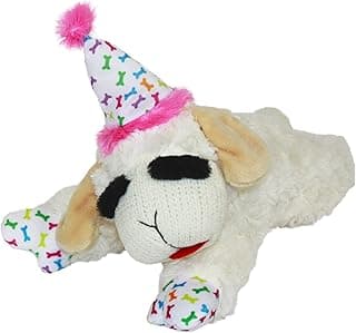 Multipet Lamb Chop Dog Plush Toy with Birthday Hat - Squeaky Dog Toy