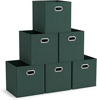 Household Essentials Foldable Fabric Storage Cubes 6-Pack – 11x11x11 Stackable Non-Woven Bins with Chipboard Sides & Grommet Handles – Closet, Shelf, Nursery, or Office Organizer – Dark Green