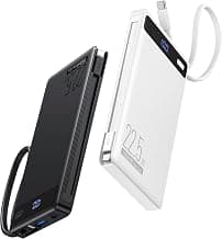 2Pack-10000mAh 22.5W Portable Charger Power Bank,Built-in Cables,WH&BLK