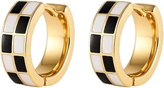 Chic Checker Small Hoop Cartilage Earrings Teacher Earrings for Women;White Black Enamel Hypoallergenic Hooped Gifts Gold and Silver tone