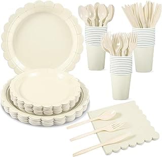 25 Set Party Plates and Cups and Napkins Ivory Scalloped Dinnerware | 175 Pcs Beige Party Supplies Include 9" Cream Plates, 7" Dessert Plates, 6.5 Inch Napkins for Wedding, Bridal&Baby Shower