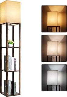 Floor Lamp with Shelves, Modern Shelf Lamp for Display Storage, 3 Color Temperature Wood Narrow Standing Corner Lamp with 8W Bulb for Living Room Decor, Bedroom, Office, Home Decor(Brown)