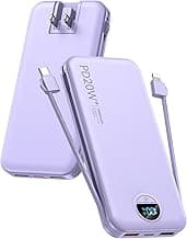 citicr Portable Charger 10000mAh PD20W w/Built-in Cables & Wall Plug Purple | Fast charging, Built-in wall plug, LED display, Charge 5 devices at once, Pass through charging, TSA approved, Pocket size