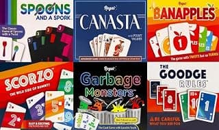 Regal Games Fun Card Games Set for Adults - Canasta, Spoons and a Spork, Garbage Monsters, ScorZo, The Goodge Rules, and Banapples Decks - Fun & Travel Playing Cards for Family Game Night