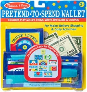 Melissa & Doug Pretend-to-Spend Toy Wallet With Play Money and Cards (45 pcs), Blue - FSC Certified