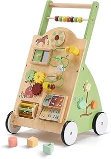 DUMOS Wooden Baby Push Walker, Montessori Toy, Adjustable Speed, 1+, Green | Adjustable speed knob, silent rubber wheels, rear storage rack, mirror & gear activities, safe rounded edges for toddlers
