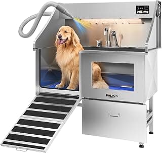 POLIMO Dog Washing Station with Built-in Pet Dryer and LED Display 50" (Left Ramp), 304 Stainless Steel Dog Bathtub for Large Medium Small Dogs, Wash and Dry Grooming Tub with Faucet, Storage Drawer
