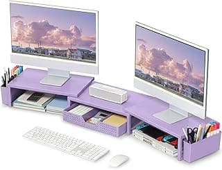 Desk Organizers and Accessories, Dual Monitor Stand Riser with Drawer and 2 Pen Holders, Desk Shelf Computer Racks for Office Workspace Organizers, Desktop Organization (Purple)