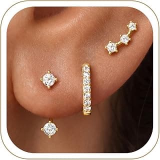 3 Pairs Dainty Small Earrings Set for Women Trendy, Birthstone Stud Huggie Hoop Jacket Stack for Cartilage Helix, Gold Plated Hypoallergenic Cute Women Fashion Accessories Western Jewelry Gifts