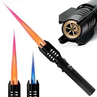 Camping Lighter, Torch Lighter, Straight Flame Bright Fire Refillable,Black | Windproof, Adjustable Color, Safety Lock, for Campfires Kitchen Hiking Candles Fireplace BBQ Outdoor Essentials, Gift for Men