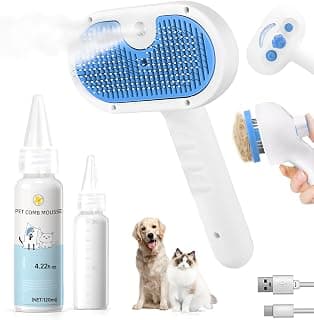 Pet Steam Brush for Dog, cat brushes for indoor cats - 1 Waterless Shampoo | Self Cleaning Spray Comb with Mist, Cat Brush for Shedding & Hair Removal, Dog Brush for Shedding, Long Haired Pets, blue