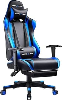 GTPLAYER Gaming Chair with Footrest, Ergonomic Computer Game Desk Chair, Reclining Gamer Chair Seat Height Adjustment, Swivel Rocker with Headrest and Lumbar (Blue)
