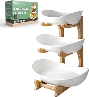 Seven Sparta 3 Tier Fruit Bowl for Kitchen Counter (PLUS Series) / Ceramic Serving Bowls with Bamboo Stand/Big Size Tiered Fruit Basket for Fruit Vegetable Storage, Dessert, Salad Buffet Server