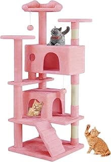 Sweetcrispy 54-inch Cat Tree Tower with Scratching Posts, Indoor Use | Multi-Level Indoor Cat Tree Condo with Climbing Ladder, Plush Toy, Play House for Kitten, Pink