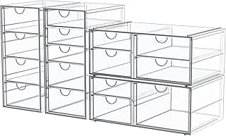 4-Pack Acrylic 16-Drawer Storage & Makeup Organizer for Desk | Smooth-glide drawers, clear acrylic, stackable, dustproof, wipe clean, for office supplies, pens, jewelry, makeup