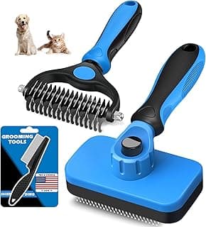 Professional 3PCS Self Cleaning Slicker Brush & Pet Grooming Rake & Flea Comb for Dogs,Cats and Horses | Double-Sided Dematting Comb & Skin Friendly Deshedding Grooming Tool | Pet Supplies (Blue)