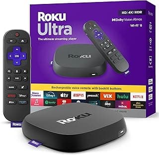 Roku Ultra, Ultimate Streaming Player - 4K Streaming Device for TV | HDR10+, Dolby Vision & Atmos - Bluetooth & Wi-Fi 6 - Rechargeable Voice Remote Pro with Backlit Buttons - Free & Live TV