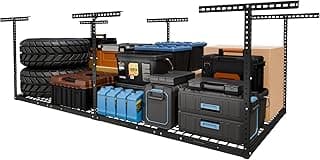 FLEXIMOUNTS 4x8 Overhead Garage Storage Rack, Adjustable Organization System, Heavy-Duty Metal Ceiling Racks, 750lbs Weight Capacity, Black, Classic Series
