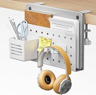Desk Side Storage Organizer, Fits Flat Edge 0.4" to 2.2", White | No Drill Under Desk Laptop Holder, Clamp on Desks Shelf with Pegboard Accessories, Hanging Laptop Mount