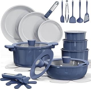 CAROTE 27pcs Ceramic Cookware Set, Pots and Pans Set with Detachable Handle | Non-Stick, Non-Toxic, PFAS and PFOA Free, Induction Compatible, Dishwasher & Oven Safe, Space Saving, Camping Cooking, Blue