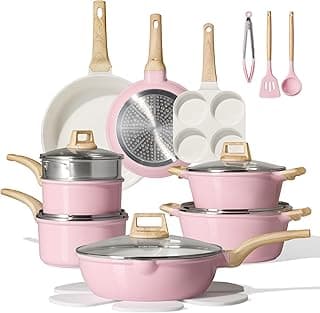 CAROTE 21pcs Ceramic Cookware Set, Pots and Pans Set, Pink | Non-Toxic, Healthy Kitchen set, All-Stovetop Compatible, Easy Clean, Even Heating, PFAS FREE