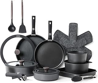 SENSARTE 24 Piece Nonstick Detachable Handle Pots and Pans Set Black | Removable Handle Cookware Set, Induction Cookware Set with Removable Handle, Healthy Non Stick for RV, Dishwasher & Oven Safe