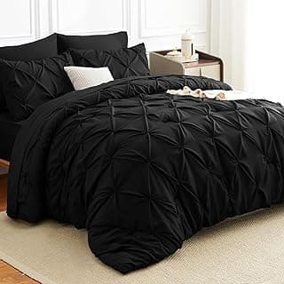HIMEET Queen Comforter Set Black - 7 Pieces Pintuck Bed in a Bag | OEKO-TEX Certified, 240GSM Down Alternative Comforter, 14" Deep Pocket Fitted Sheet + Flat Sheet + 2 Pillowcases + 2 Shams