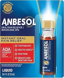 Anbesol Maximum Strength Liquid Oral Pain Reliever, 0.41 fl oz | Instant oral pain relief from toothaches, gum pain and braces pain, canker sore treatment, 20% benzocaine, ADA accepted