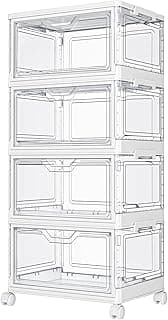 Kmiectse Clear Storage Bins with Lids - 4 Tier 23qt Plastic Stackable Bins | Closet Organizers Box for Bedroom, Living Room, 23 QT Folding Box with Magnetic door
