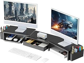 gianotter Dual Monitor Stand Riser With Drawer and 2 Pen Holders | Desk Organizer and Accessories Computer Monitor Stand, Desk Shelf for Top of Desk (Black)