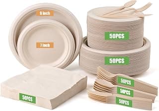 300 Pack Paper Plates Set Party Supplies Severs 50 Guests Disposable Party Plates Sugarcane Forks Knives Spoons Heavy-Duty Paper Plate Bagasse Natural Compostable Eco-Friendly Birthday Wedding