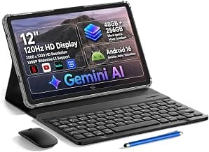 HNVHNV 12 inch Android 16 Tablet with Keyboard, 48GB+256GB+2TB Expand, 120Hz 2K IPS Display, Gemini AI, 10000mAh, Octa-Core, WiFi 6, 13MP Camera, Large Tablet PC with Case, Mouse, Stylus (Black)