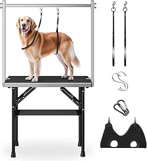 Dog Grooming Table with Arm, Hammock, Nooses, 35.5"L×23.6"W Tabletop | 30" H Foldable Heavy Duty Pet Grooming Station | Non-Slip Waterproof Tabletop | 33.5" H Adjustable Stainless H-Frame Arm