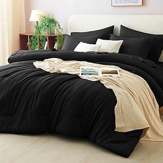 CozyLux Queen Comforter Set Black, 7 Pieces Bed in a Bag | OEKO-TEX Certified, All-Season, Bedroom, 240GSM Down Alternative Comforter, Flat & Fitted Sheets, 2 Pillowcases & 2 Shams