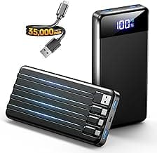 SABANI Portable Charger 35000mAh Power Bank, 4 Built in Cable Big Capacity | Ultra Slim, 22.5W Fast Charge, Travel Camping Essential, USB C External Battery Pack for iPhone Samsung Android, Black