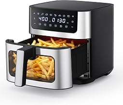NEWBULIG Air Fryer 6.34QT Airfryer with Visible Window Stainless Steel | 400℉ Fast Heating Air Fryers Oven with Nonstick and Dishwasher-Safe Basket 8-in-1 Cooking Preset with Timer Auto-Off