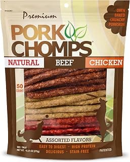 Pork Chomps Dog Chews, 5 in Munchy Sticks, Assorted Flavors, 50 Count | Oven-baked from real pork skin - a rawhide-free chew that's low in fat, high in protein, and easy to digest