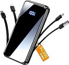 Portable Charger Power Bank, 50000mAh, 4 Built-In Cables,Travel Essentials | 22.5W Fast Charging, Charges 6 Devices, for Smartphone & Tablet,Gift Ideas,for Frequent Traveler,Commuter,Student