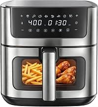 DUMOS 6.34QT Air Fryer, Airfryer with Viewing Window & 8-Preset Digital Touchscreen, 400°F Rapid Air Circulation, 1-90 Min Timer, Stainless Steel, Nonstick Dishwasher-Safe Basket, Black