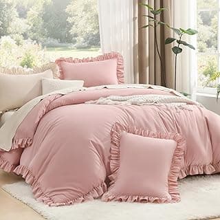 Litanika Full Comforter Set, 3 Pieces Blush Ruffle Bedding Set | Farmhouse Shabby Chic Aesthetic Soft Fluffy Lightweight Breathable Bed Set for Girls Women Room Decor Gift All Season