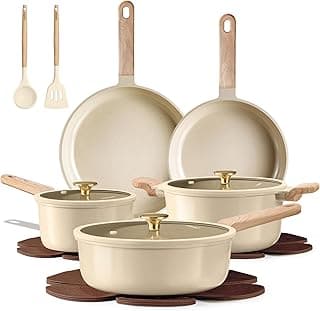 CAROTE Pots and Pans Set, Ceramic Cookware Set, 14pcs | Healthy Induction Kitchen Set, with Silicone Lids, Easy Clean, Even Heating, Space Saving, PFAS FREE