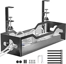 Under Desk Cable Management Tray No Drill, Metal Mesh Cable Management Under Desk with Clamp Mount, 2 Hole Cable Tray with Wire Management and Cord Organizer for Home Office Standing Desk