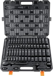 VEVOR 1/2" Drive Impact Socket Set 65 Piece, 3/8" to 1-1/4" and 10-24mm | SAE and Metric, 6 Point Cr-V Alloy Steel, Easy-to-Read Size Markings, Rugged Construction, with Storage Case, for Auto Repair